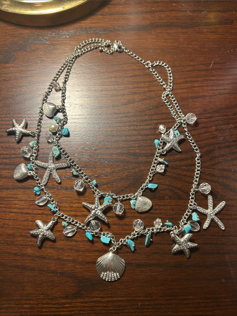 Silver Seashell & Starfish Multi-Strand Necklace with Turquoise Accents